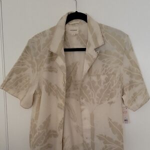 NWT Lucky Brand Beige Leaf Print Cotton Blend Short Sleeved Shirt - Size Small
